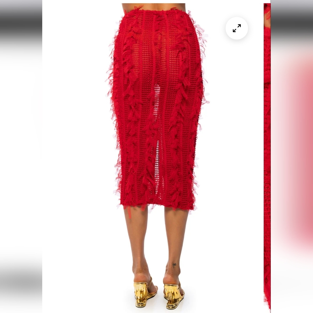 AKIRA Vibrant Red Mesh Midi Skirt - Picture 4 of 4